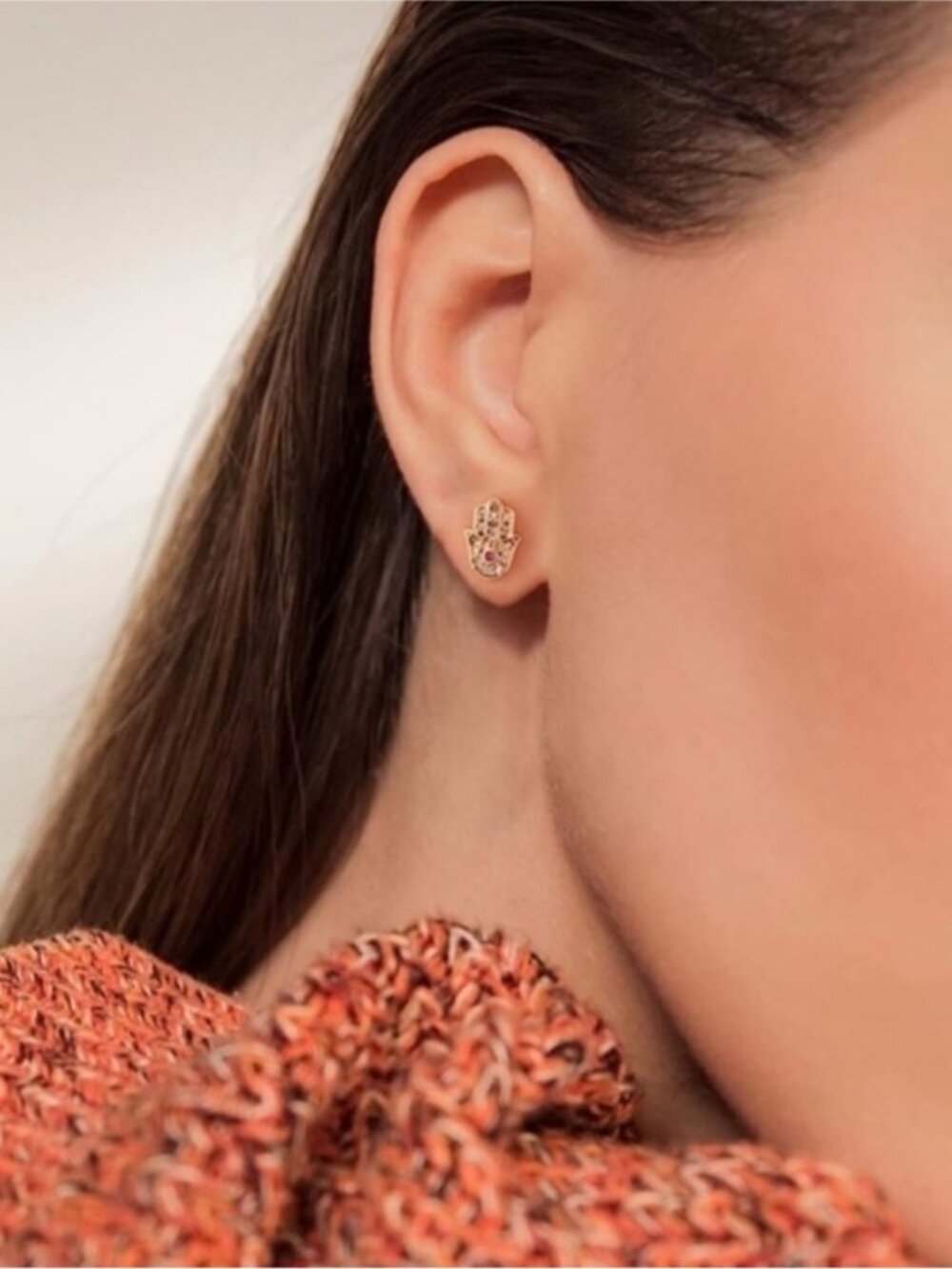 14k Gold Plated Hamsa Star Cubic Zirconia Stud Earrings - Picture 3 of 3